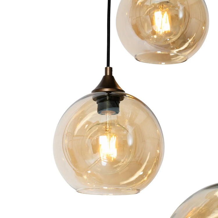 Art Deco hanglamp donkerbrons met amber glas ovaal 8-lichts