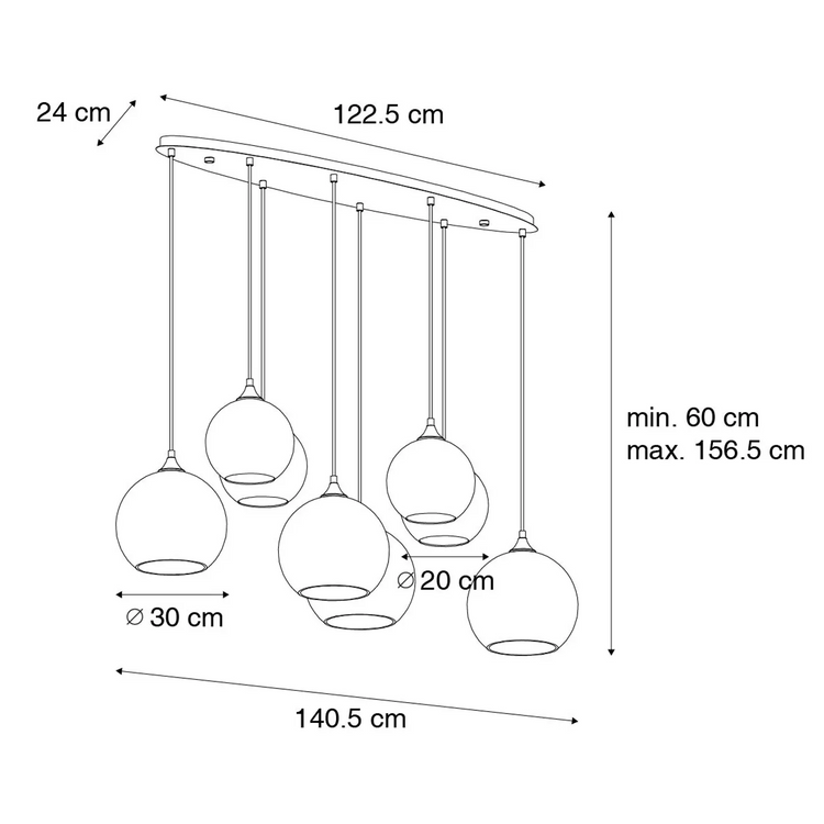 Art Deco hanglamp donkerbrons met amber glas ovaal 8-lichts